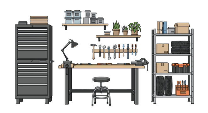 Professional garage workshop features a tall tool chest, a central wooden workbench with tools, and a heavy-duty storage rack.
