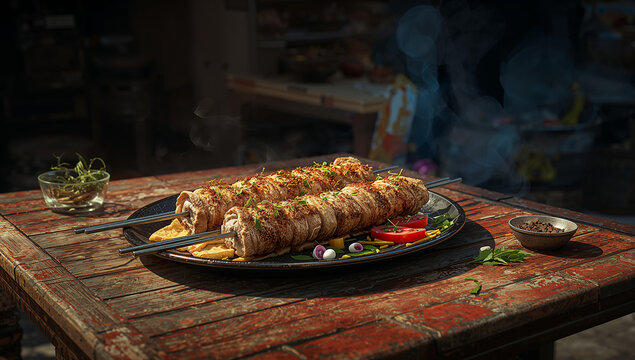 Traditional turkish sis kebab served on a rustic wooden table with turkish food meat skewer middle eastern main course food photography street food cooked food barbecue marinated restaurant
