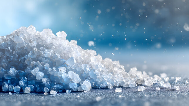 Pile of Coarse Sea Salt Crystals on Blue Background