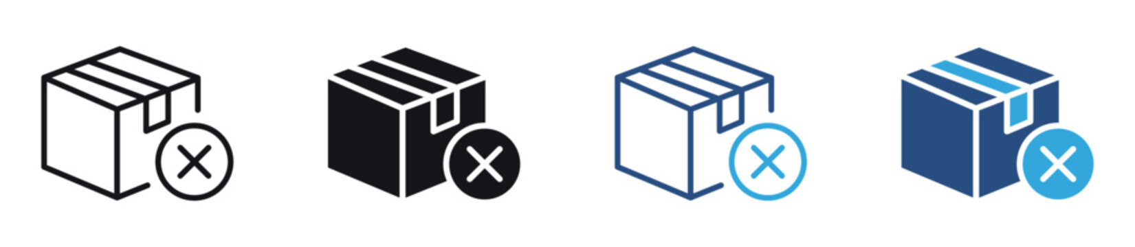 Cancelled Delivery and Shipping Restriction Icon Set. Package box with cross symbol representing failed shipment, order cancellation, and logistics issue concept. Vector illustration.