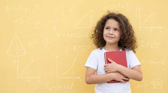 Intelligent school girl holding book, young student with math formulas on yellow background, genius child education