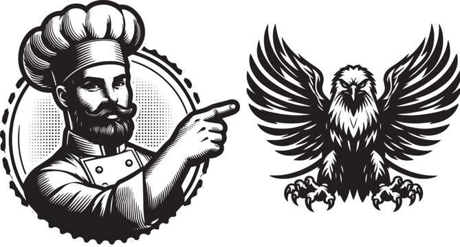 Chef pointing with eagle emblem against white background vector graphic for culinary and patriotic themes