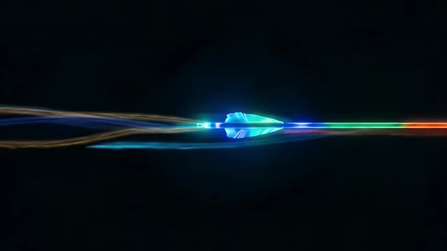 RGB Glowing Archery Arrow Flying Through Darkness - An RGB glowing archery arrow is captured mid-flight, emitting vibrant colors from blue at the fletching to green along the shaft, and red at the