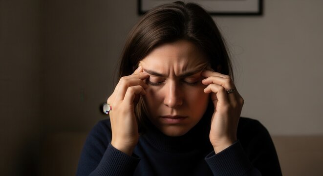 Serious Woman Clutching Temples In A Dark Environment, Feeling Pain And Experiencing Discomfort