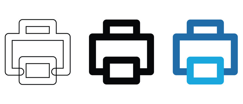 Printer icon outline, solid, and color vector illustration set for document printing technology.