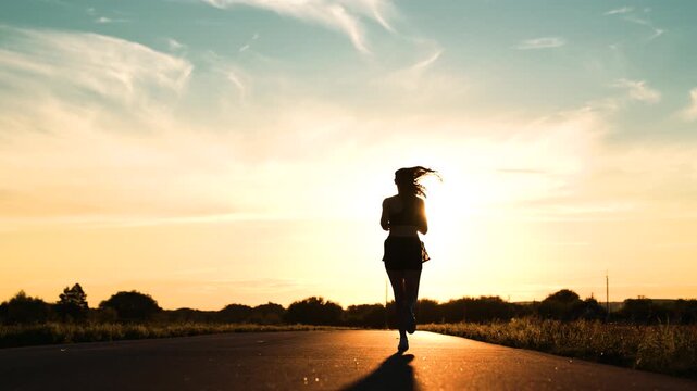 silhouette sports girl running legs along road sunset, silhouette sports girl running legs along road sunset, woman runs, focused female athlete, triathlete running, american woman running along road