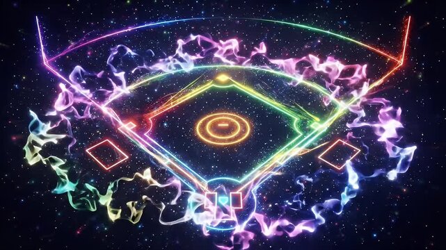 RGB Glowing Baseball Diamond Abstract Effect - A vibrant, neon-lit baseball diamond is depicted with glowing RGB outlines and abstract energy patterns.