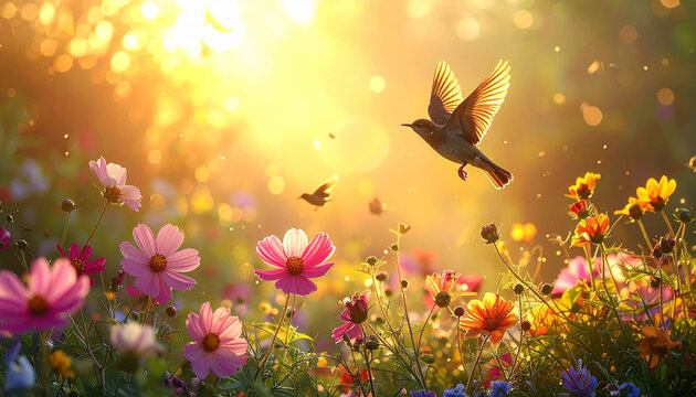 Bird flying over colorful wildflowers field