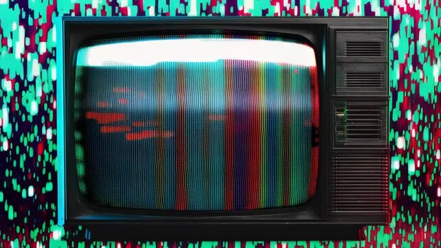 Vintage television with colorful static on the screen and background