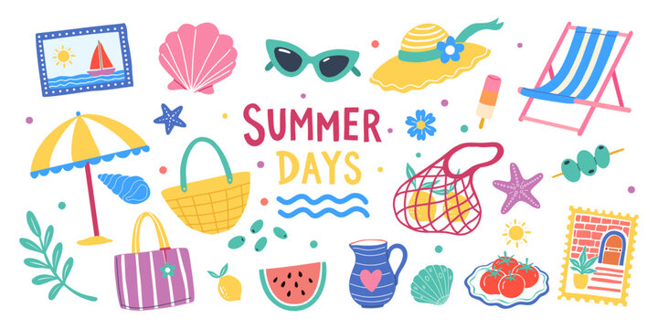 Summer days set umbrella sunglasses hat beach chair bag watermelon shell starfish travel vacation resort stickers collection retro graphics clipart vector illustration isolated