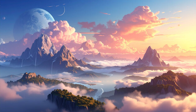 Fantasy mountain landscape with clouds sky