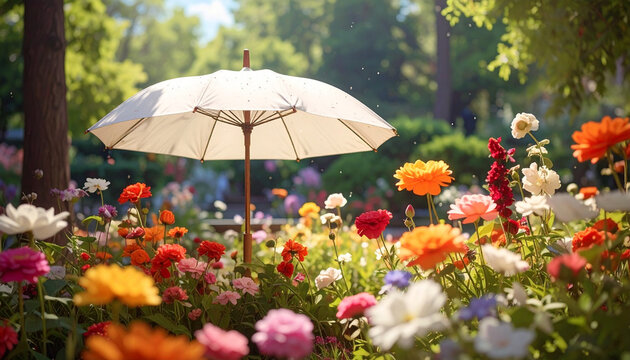 Flowers and umbrella in bright garden setting