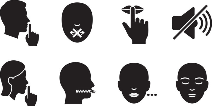 Silhouette icons depicting various gestures and expressions for secrecy and silence