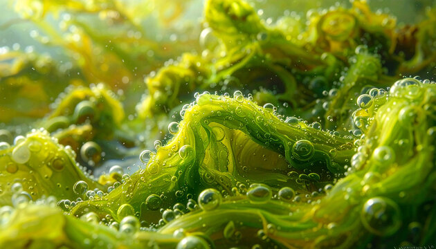 Green algae with bubbles aquatic closeup view
