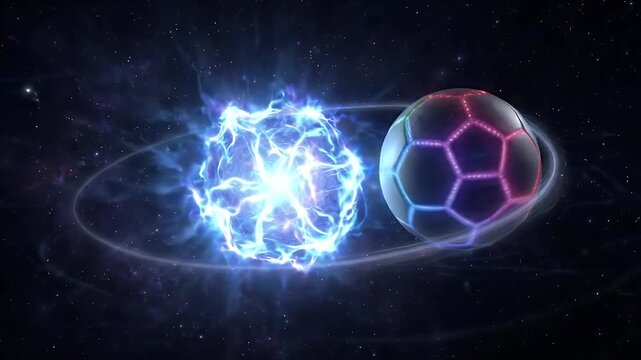 Glowing RGB Soccer Ball Orbiting Energy Core in Space - A futuristic, glowing soccer ball with RGB polygonal patterns orbits a pulsating blue energy core against a dark cosmic background.