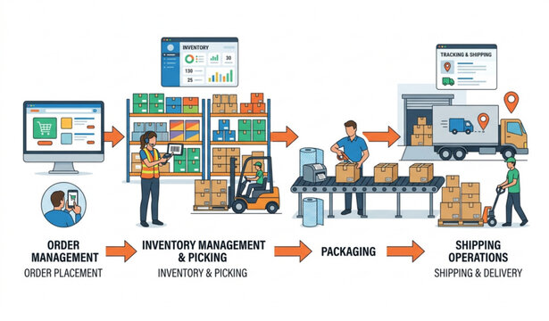 Online order fulfillment processing picking and shipping vector ecommerce logistics illustration isolated on white