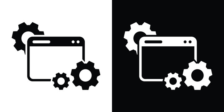 Modern vector icon of a browser window surrounded by mechanical gears. Represents website development, SEO optimization, backend configuration, content management systems, and web settings.
