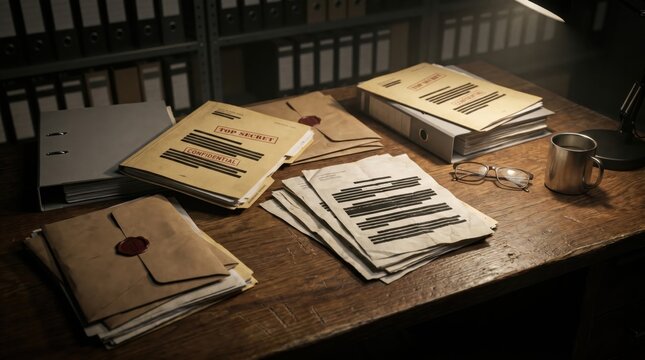 Ultra realistic classified confidential documents stacked on dark wooden desk with heavily redacted papers, sealed intelligence folders and cinematic lighting atmosphere
