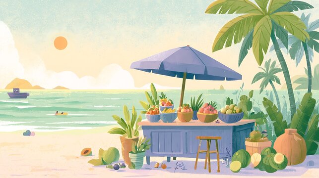 Tropical beach fruit stand with palm trees under sun