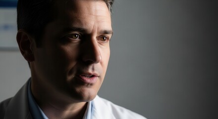 Obraz premium Serious-Looking Man Analyzing Under Dim Lighting in a Dramatic Portrait Style