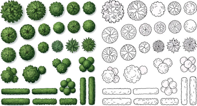 Set of top view trees and bushes for architectural landscape design