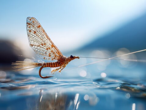 Popular mayfly imitation fly lure on fishing line above a clear river surface, showcasing realistic insect design with a blurred mountain stream background in bright natural light