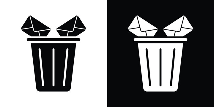 Minimalist vector icon of mail envelopes thrown into a trash can. Ideal symbol for email cleanup, spam filtering, data deletion, junk mail removal, digital decluttering, and privacy protection.