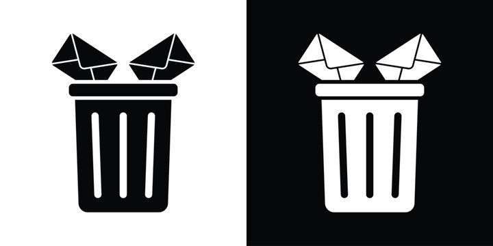 Minimalist vector icon of mail envelopes thrown into a trash can. Ideal symbol for email cleanup, spam filtering, data deletion, junk mail removal, digital decluttering, and privacy protection.