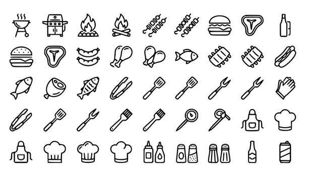 Trendy BBQ grill outline icon bundle editable stroke vector set pixel perfect 64x64 UI design