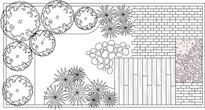 Landscape design plan with trees, shrubs, wooden deck, stone path and brick patio, top view of a garden layout, architectural drawing