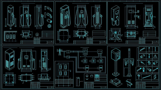 EV Charging Network Infrastructure CAD Kit Blueprint Vector with Charging Station Variants and Technical Layout Systems