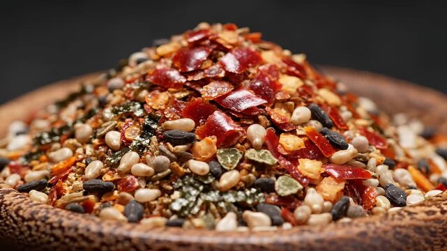 Closeup of a pile of spicy seasoning blend with chili flakes and seeds.