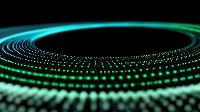 Glowing green dots forming a circular pattern on a black background with blue light
