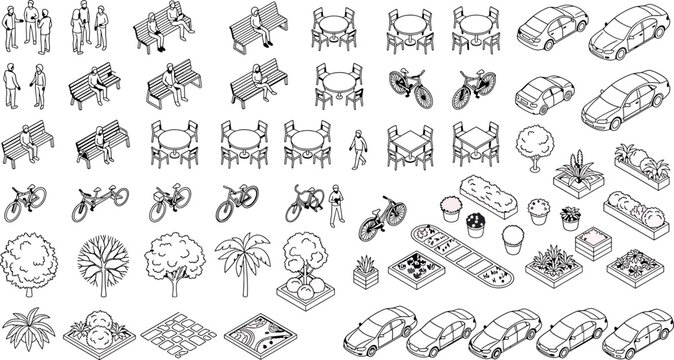 Isometric set of urban park elements including people, benches, tables, bicycles, cars, trees, and plants