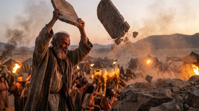 Covenant tablet shatter: Moses furious, stone fragment, divine commandment, golden calf, ancient people, desert landscape, idol worship, religious law, holy covenant, God anger.