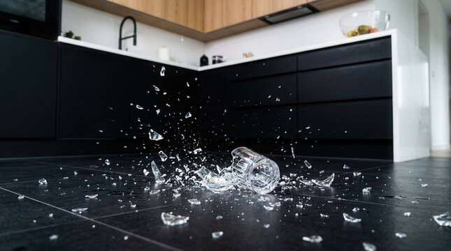 Shattered Glass On Kitchen Floor: A Moment Of Destruction and Fragmentation Impact