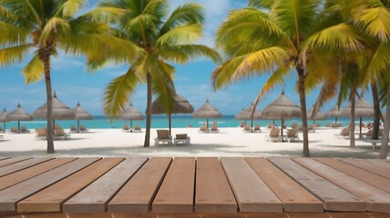 Fototapeta premium Empty wooden table background with tropical beach palm trees banner presentation