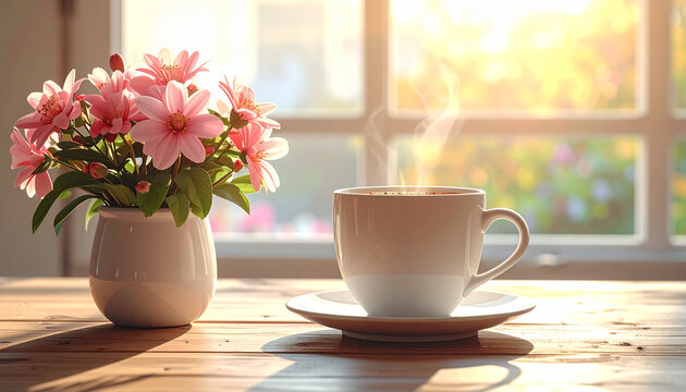 Cup of coffee with flowers on wooden table