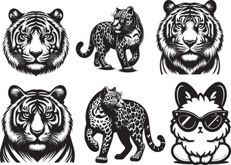 Obraz premium Monochromatic Big Cat and Cute Animal Illustrations With Sunglasses For Graphic Design Projects