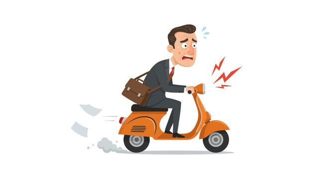 Rushing businessman on scooter with flying papers