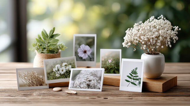 Small botanical instant prints arranged in a natural setting, creating beautiful visual memories and analog keepsakes for personal journaling and creative expression