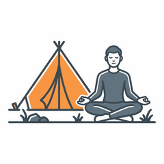 Obraz premium Person meditating in lotus position outdoors next to an orange camping tent, depicted in a minimalist vector illustration style with simple lines and flat colors