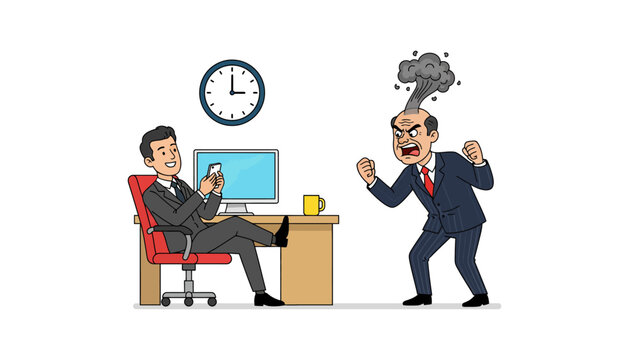 Angry businessman attacking relaxed colleague at office desk
