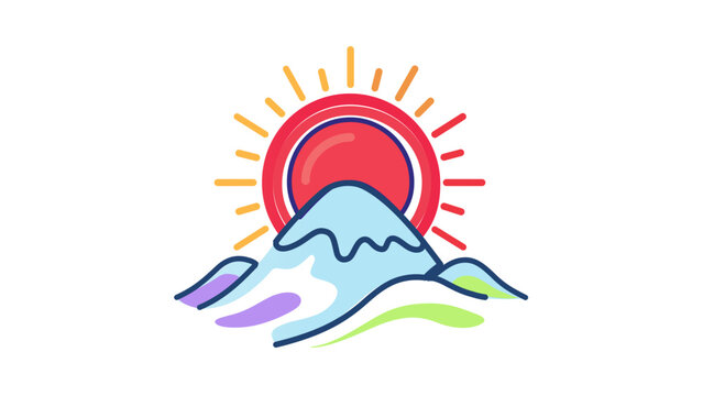 Luminous graphic of a solar daybreak above frosty alpine summits. Features tidy variegated pathing and modifiable line density, offering a flexible landscape silhouette for travel themes.