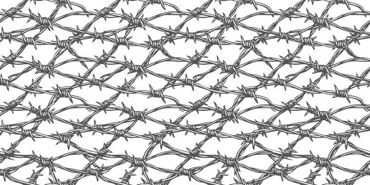 Seamless pattern background of rustic hand drawn barbed wire fence rows for security concept