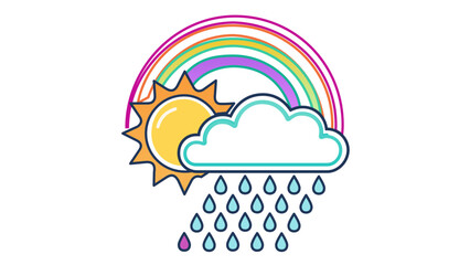 Obraz premium Colorful weather vector icon illustration featuring a sun, rainbow, cloud, and raindrops with editable stroke, adjustable stroke, customizable stroke weight, line weight, thin line, and stroke.