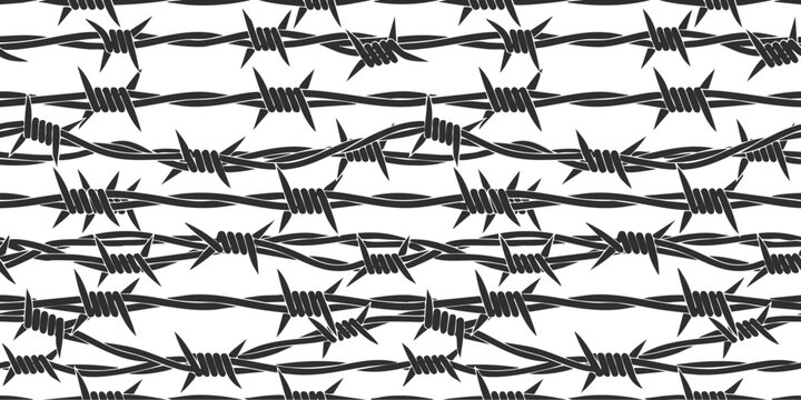 Bold black barbed wire seamless pattern background on white for heavy industrial safety concepts