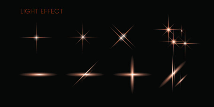 Collection of glowing spark glitter light effects, isolated on dark background.