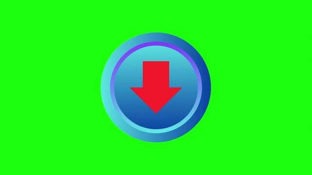 Animated Red Download Arrow in Blue Glossy Circle. Green Screen Media UI Icon