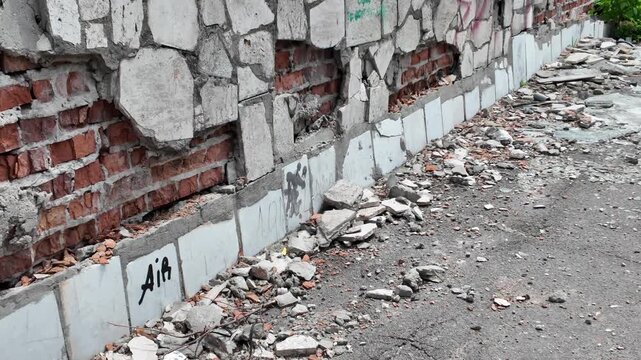 Ruined brick wall with remnants of cladding